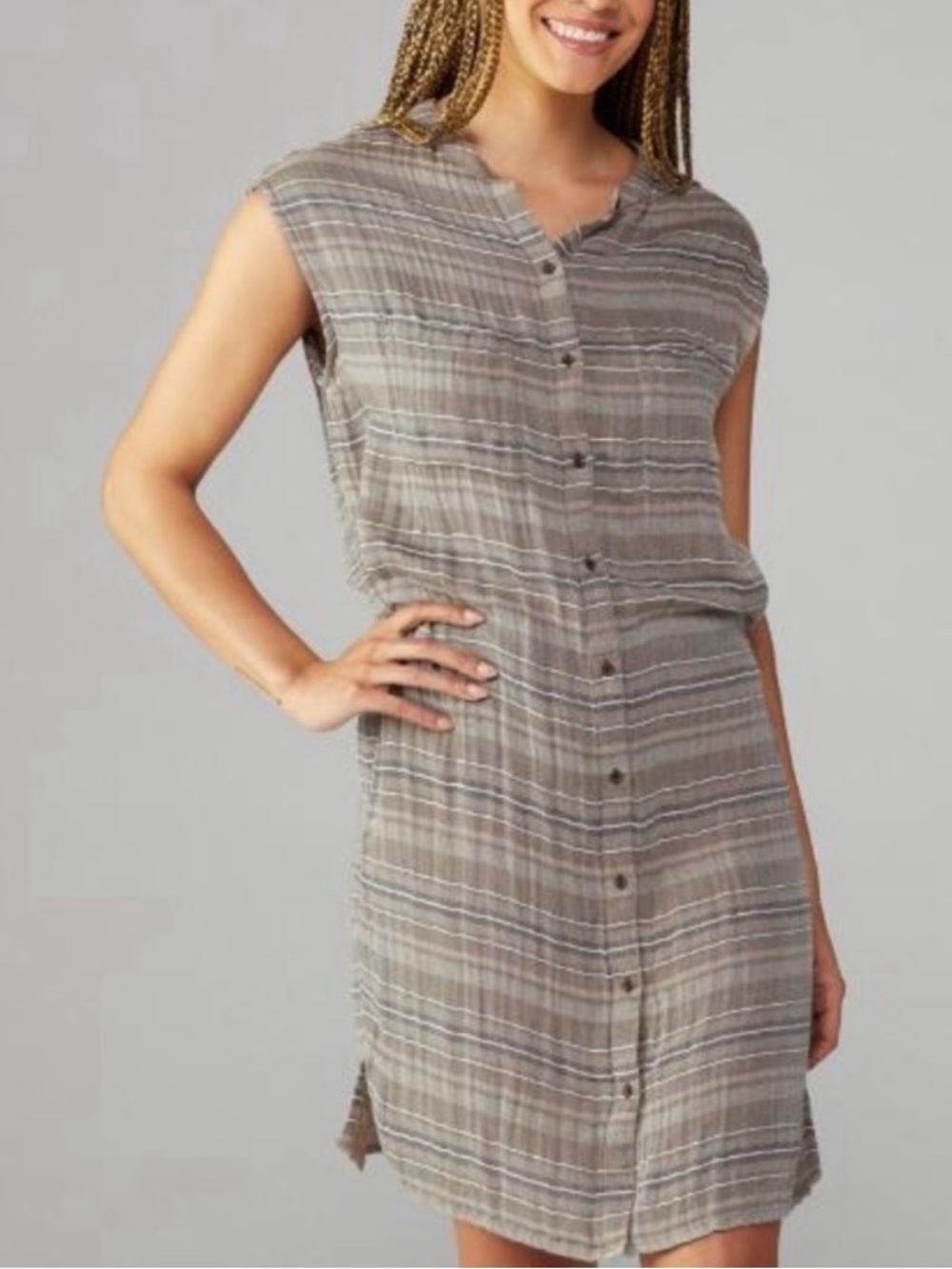 Prana Striped Sleeveless Shirt Dress in Taupe and Light Gray
